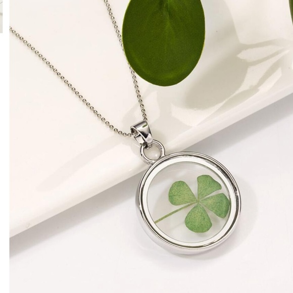 Jewelry - Silver Dried 4 - Leaf Clover Glass Pendant Necklace